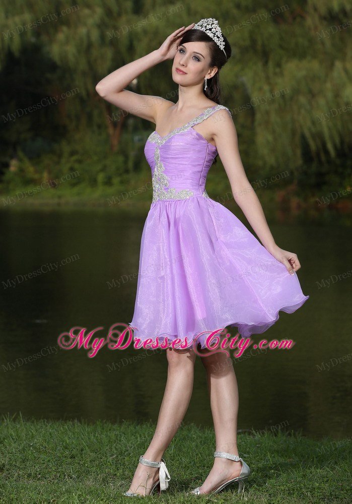 Lavender One Shoulder Beaded Knee-length Homecoming Dress
