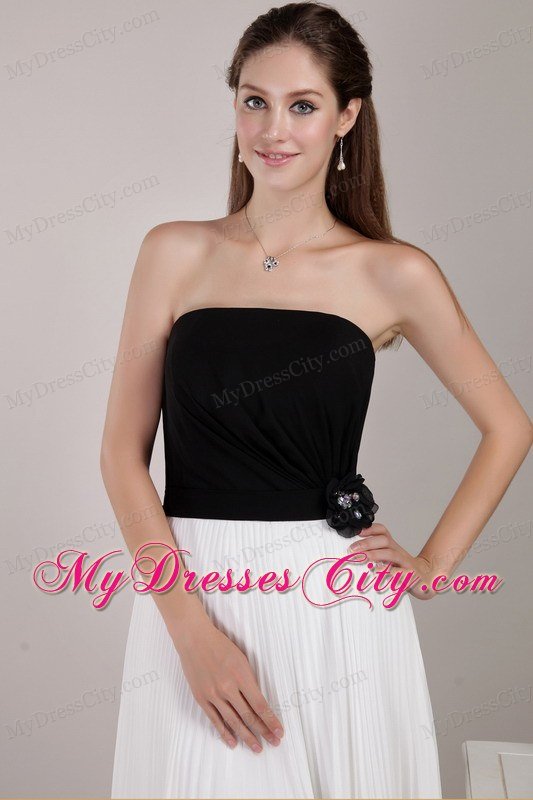 Pleating and Hand Made Flowers Bridesmaid Dress in Black and White