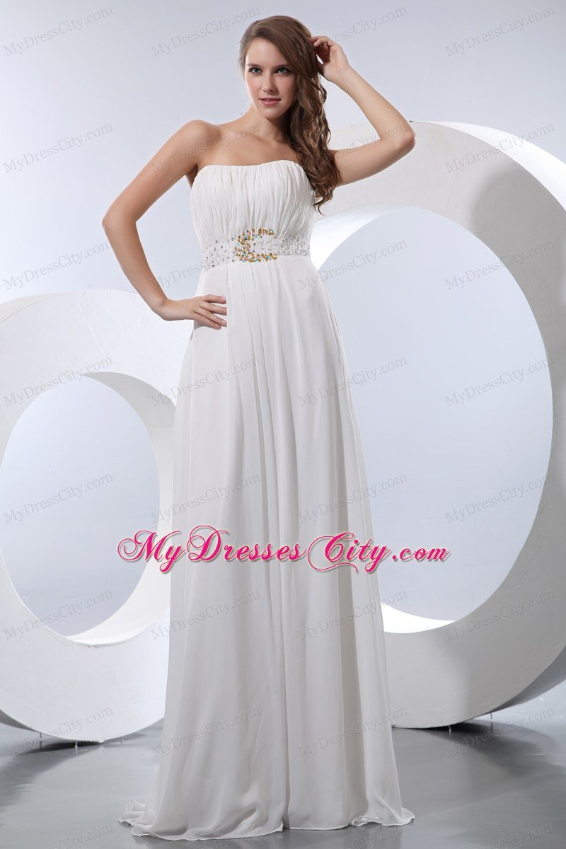 Elegant Empire Chiffon Strapless White Prom Dress with Beads
