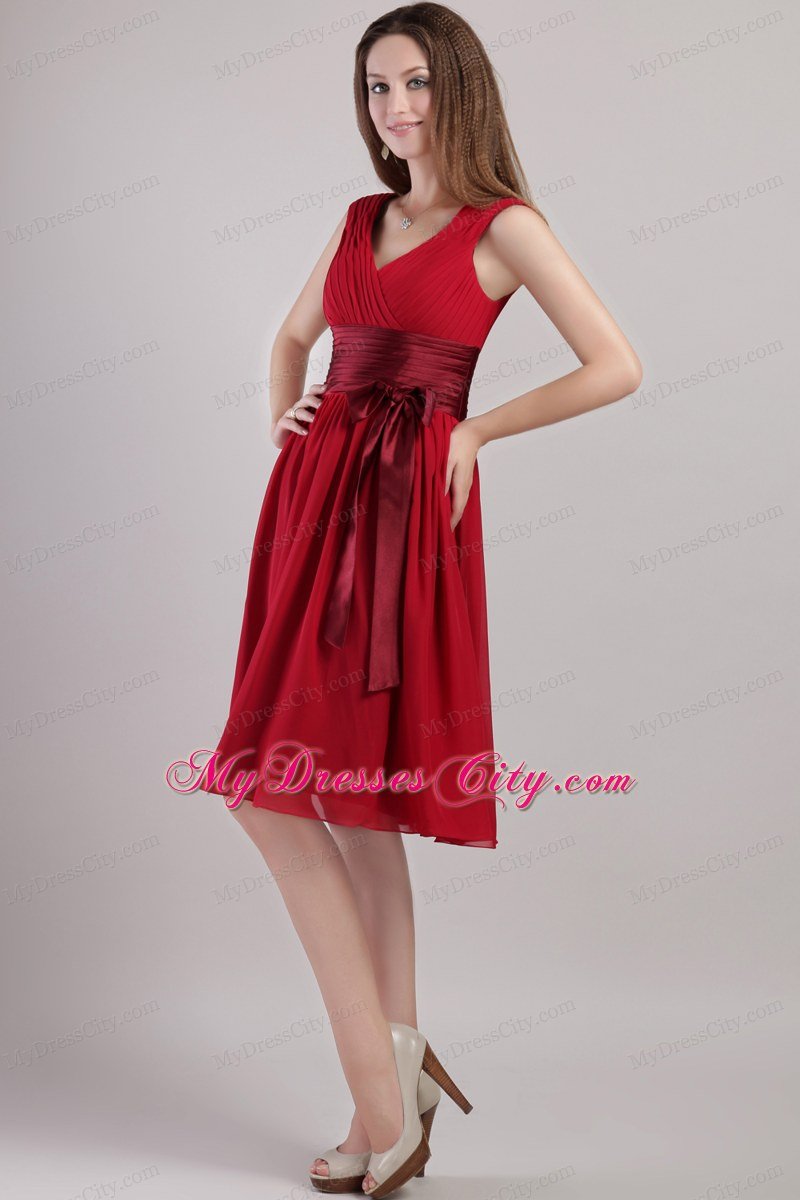 V-neck Ruching Maid of Honor Dress with Satin Sash and Bowknot