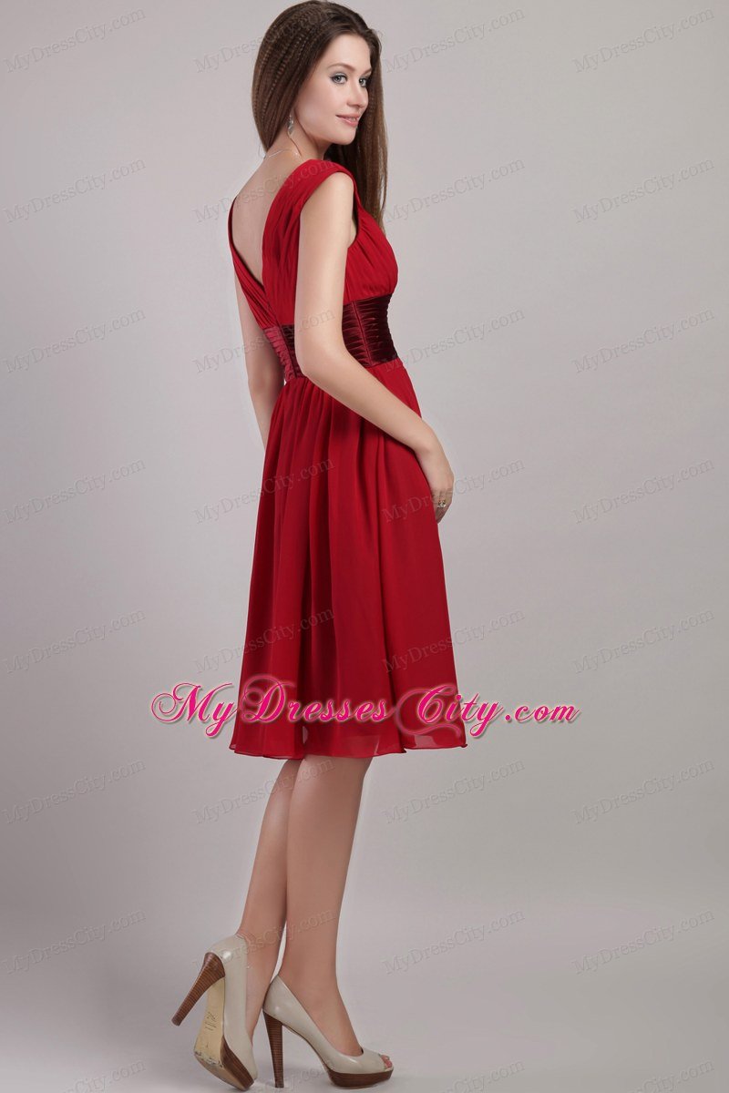 V-neck Ruching Maid of Honor Dress with Satin Sash and Bowknot