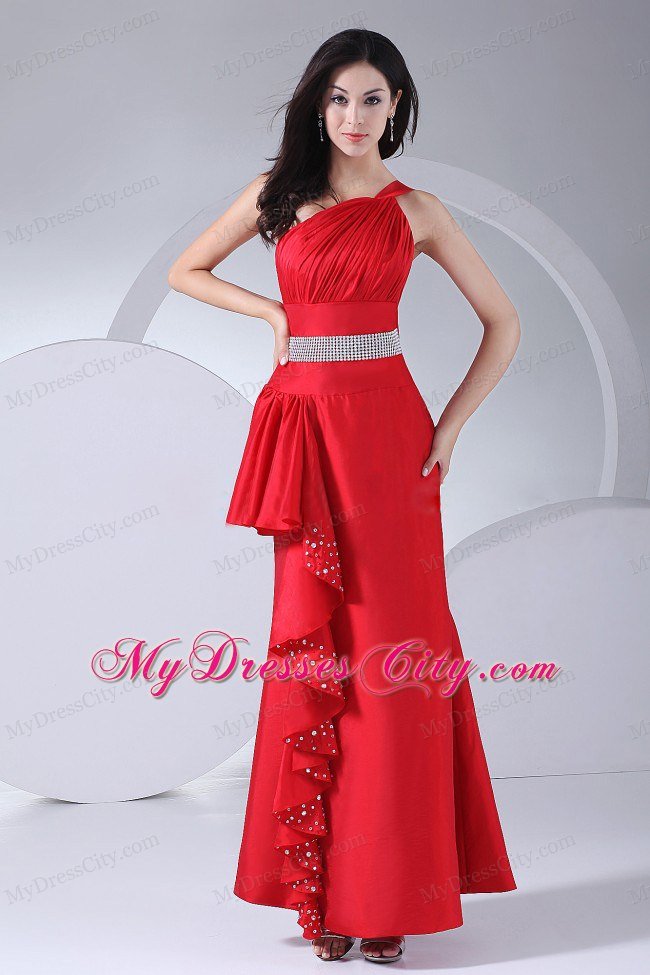 Ruched Decorate One Shoulder Red 2013 Beading Prom Dress