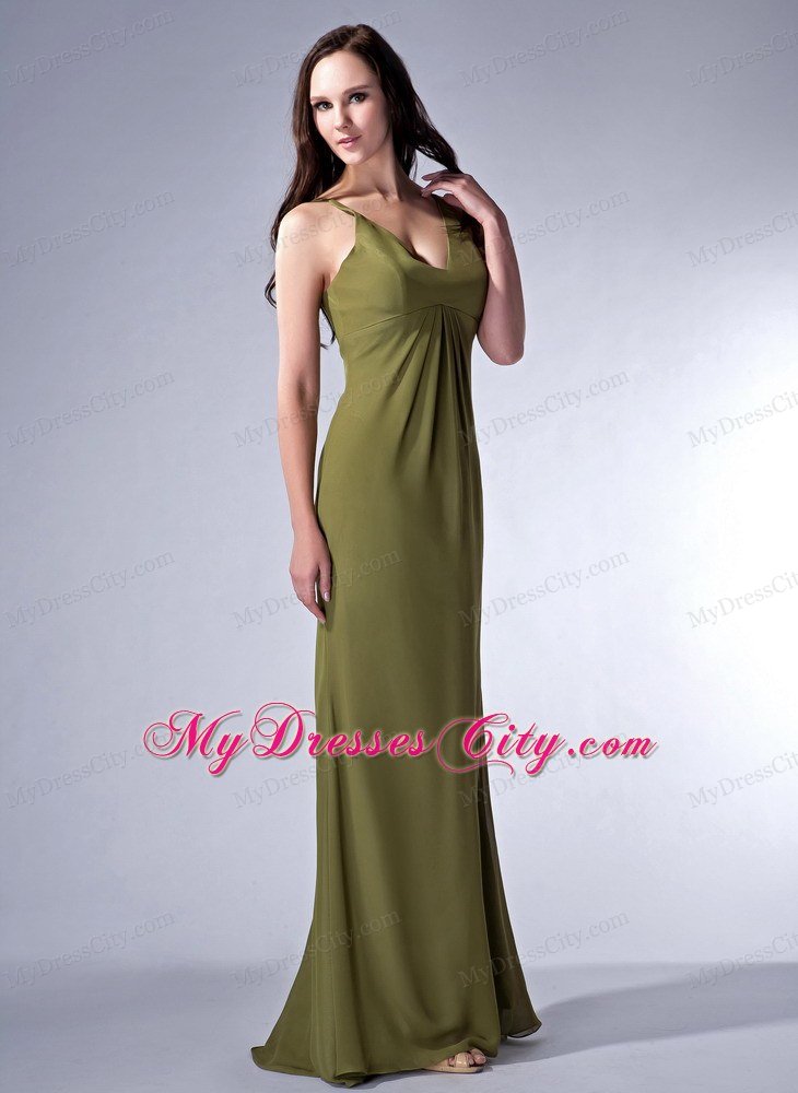 Cheap Olive Green V-neck Prom Graduation Dress with Chiffon