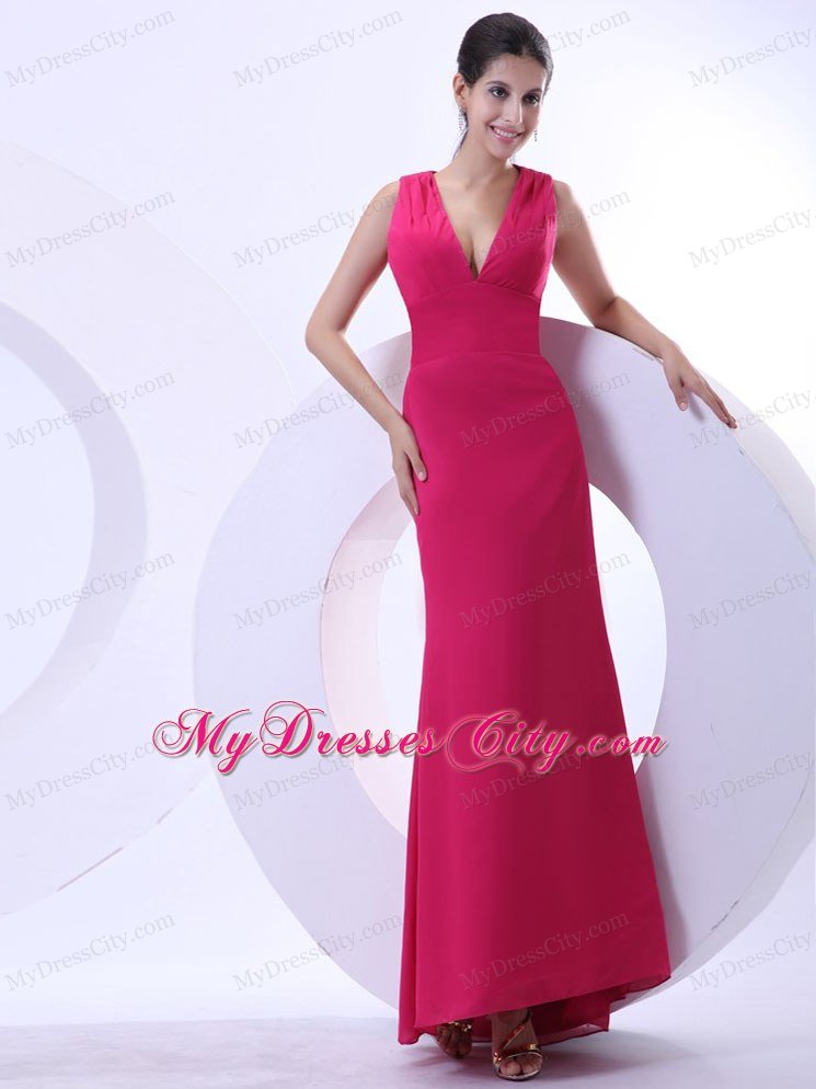 2013 Simple Red V-neck Long Prom Party Dress with Ruches