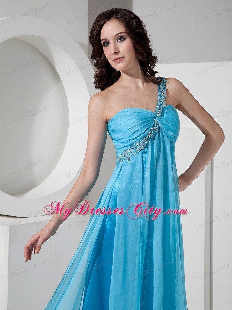 Discount Baby Blue One Shoulder Junior Prom Dress with Beading