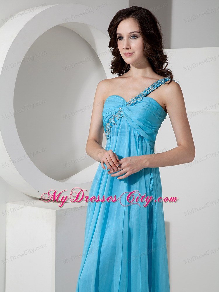 Discount Baby Blue One Shoulder Junior Prom Dress with Beading