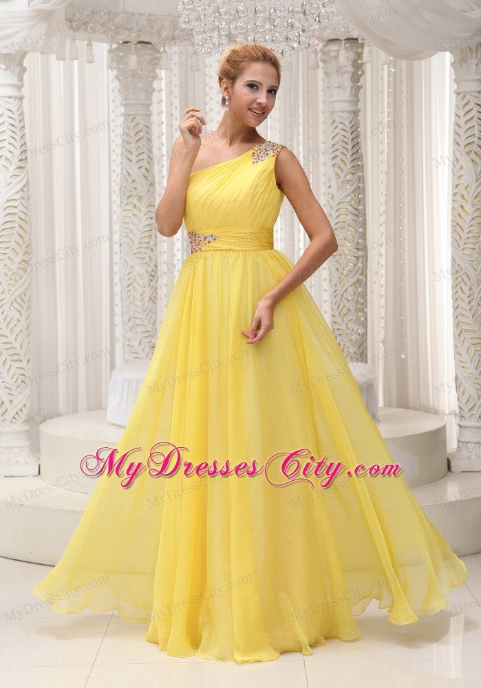Yellow One Shoulder Beading and Ruches Prom Dresses in 2013