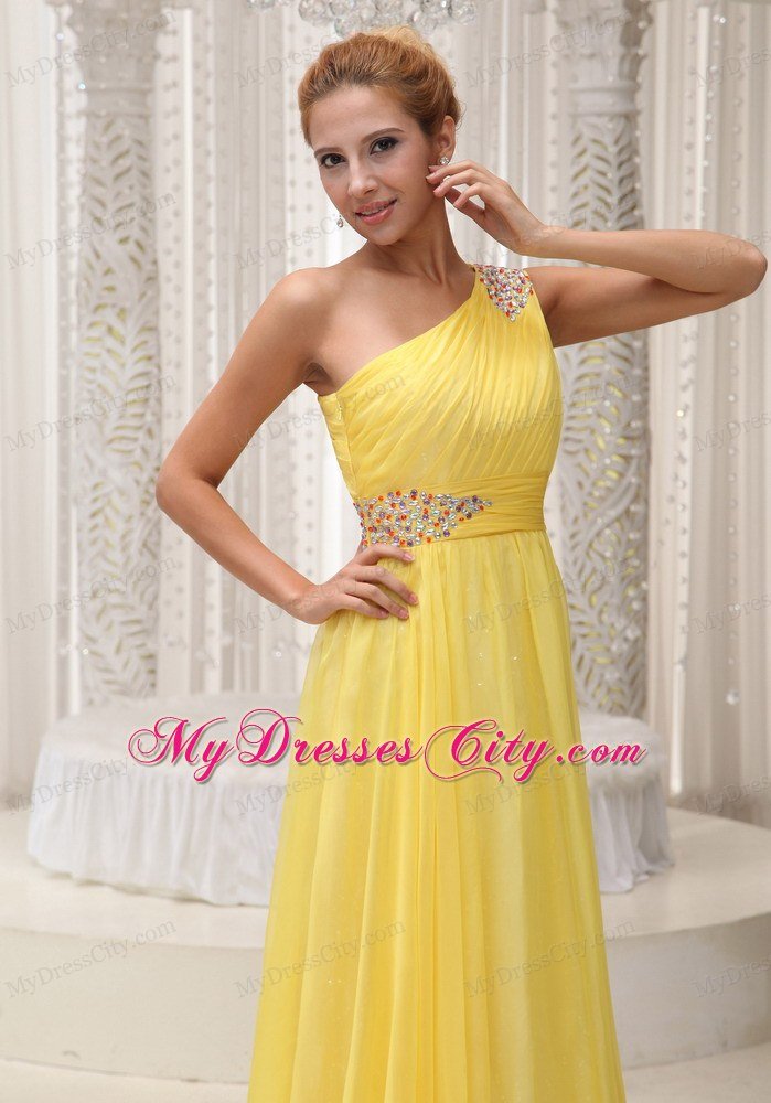 Yellow One Shoulder Beading and Ruches Prom Dresses in 2013