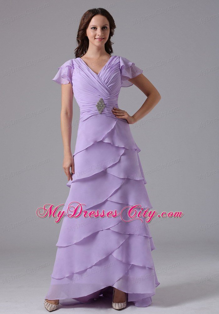 Lavender V-neck Ruffled Layers Prom Dress With Short Sleeves