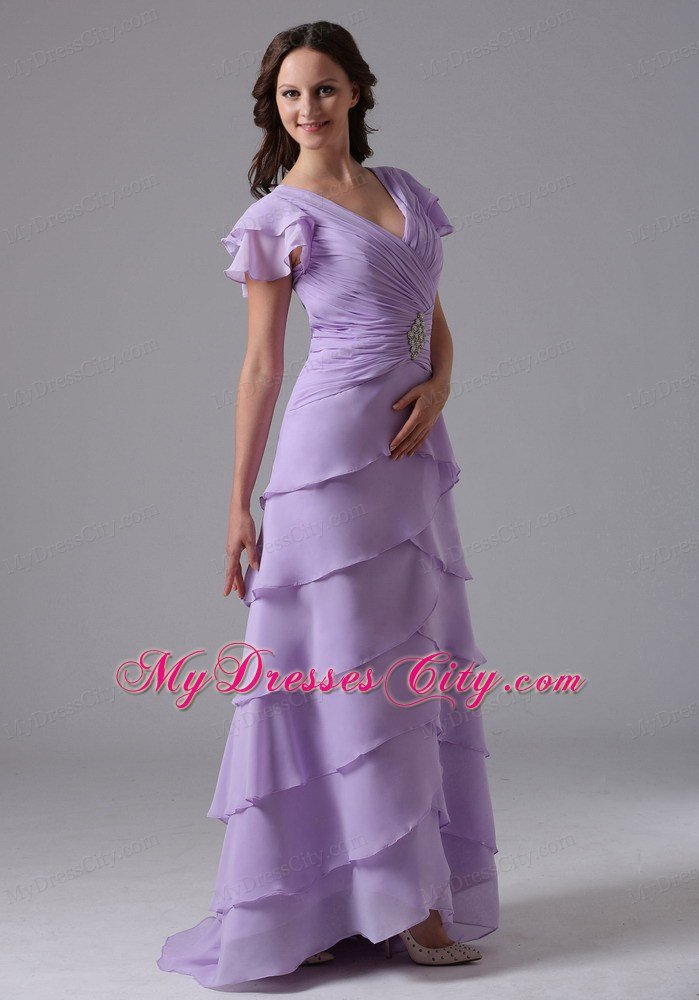 Lavender V-neck Ruffled Layers Prom Dress With Short Sleeves