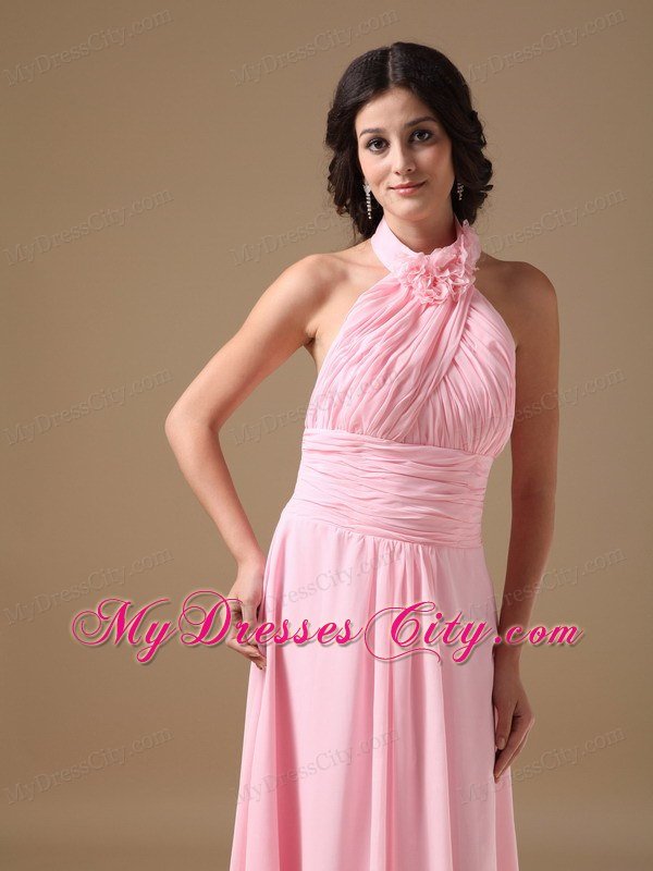 Baby Pink Empire Halter Top Brush Train Ruches Prom Gown