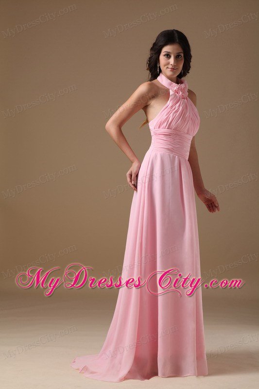 Baby Pink Empire Halter Top Brush Train Ruches Prom Gown