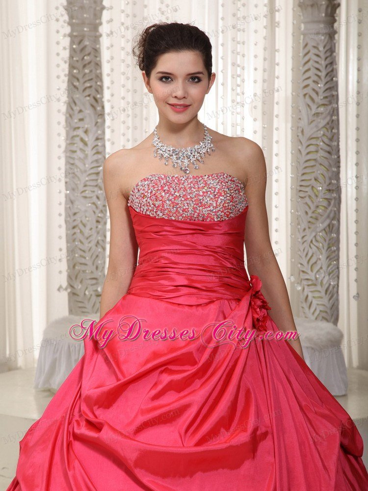 Coral Red A-line Lace-up Long Prom Dress with Pick-ups Beading