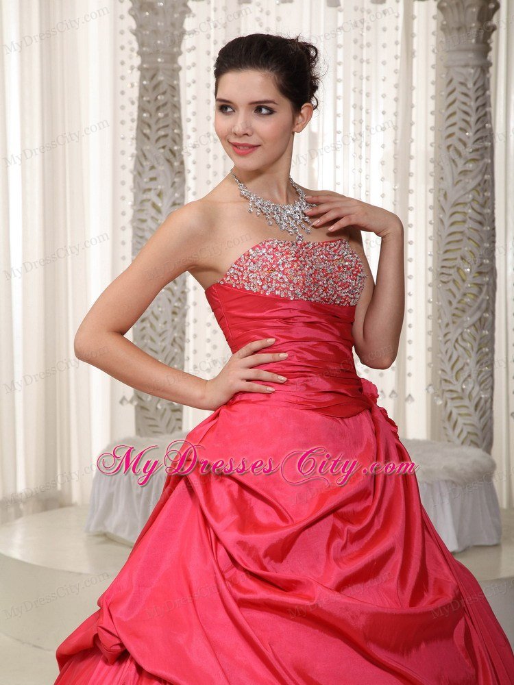 Coral Red A-line Lace-up Long Prom Dress with Pick-ups Beading