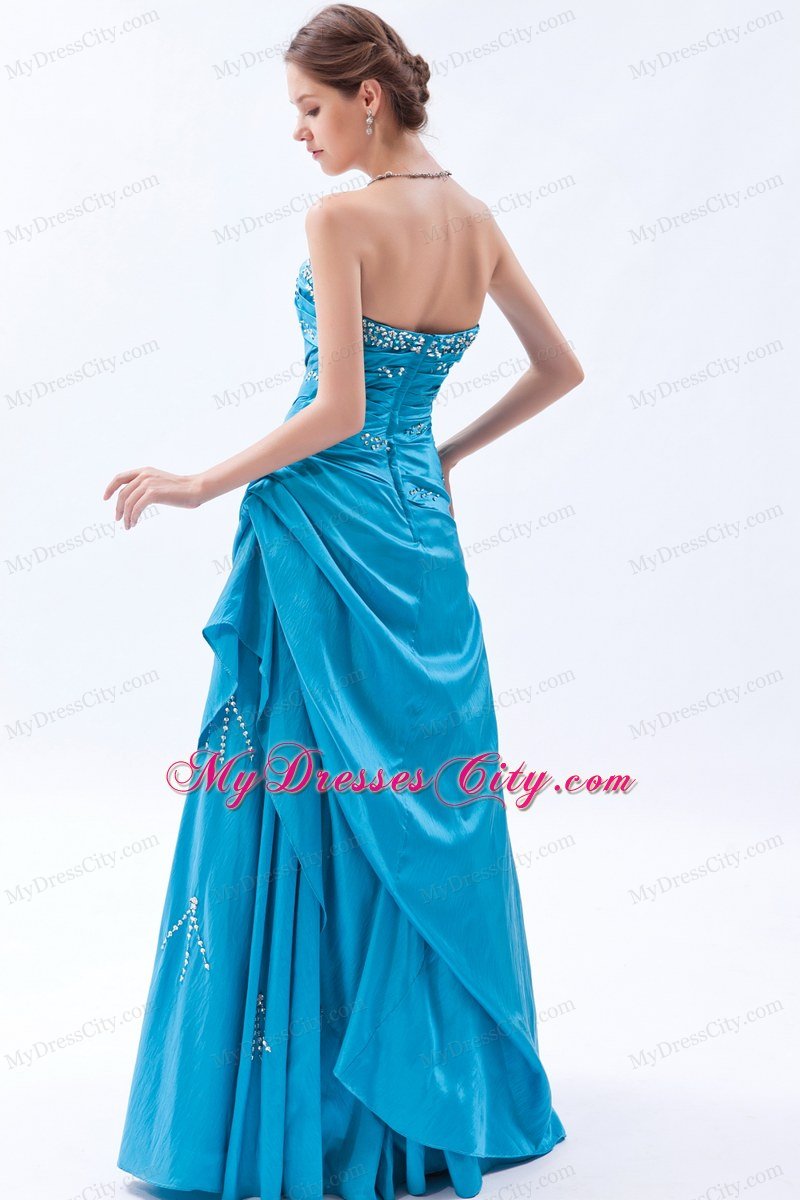 Taffeta A-line Strapless Beading Teal Prom Dress with Ruching