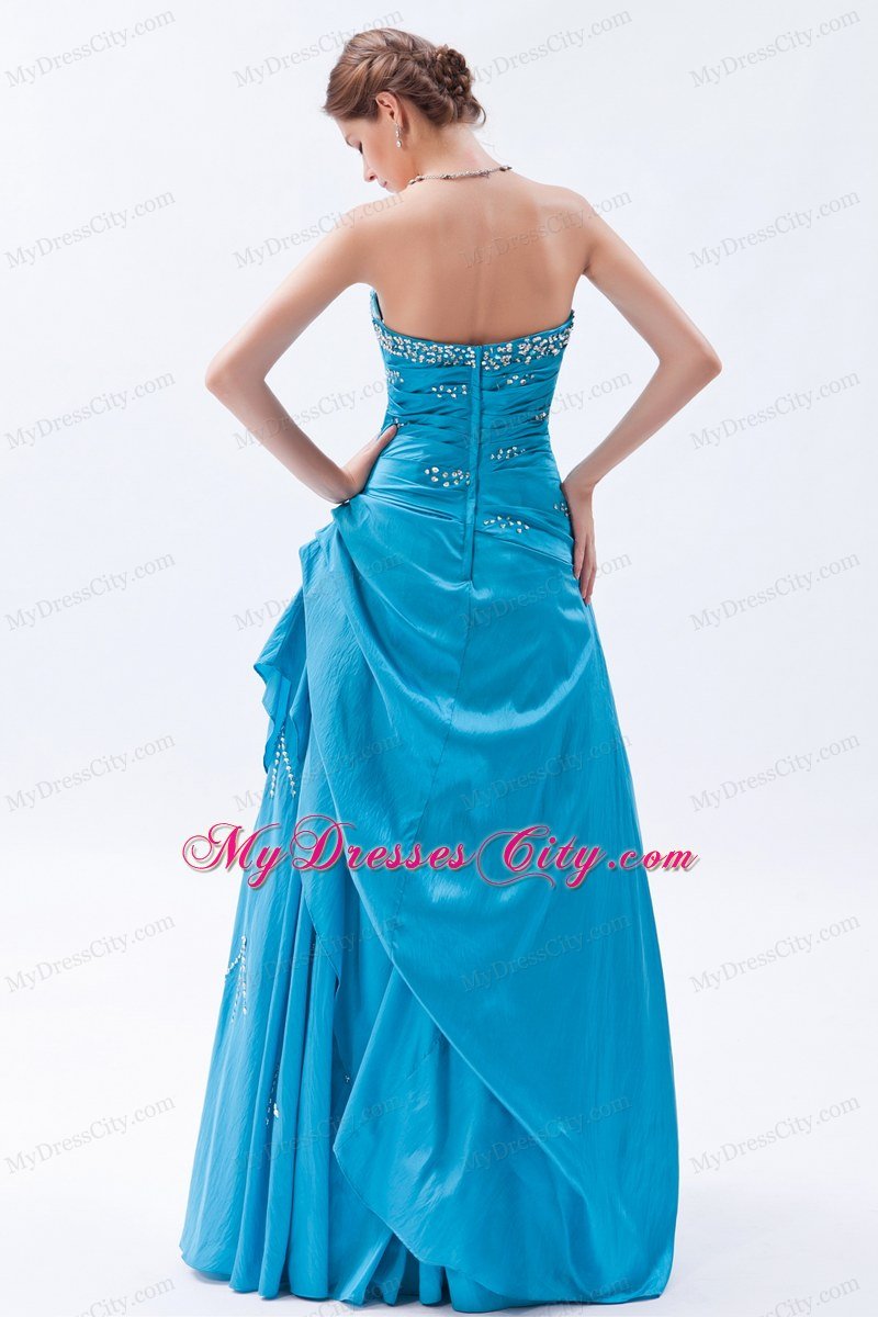 Taffeta A-line Strapless Beading Teal Prom Dress with Ruching