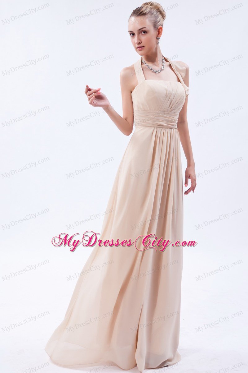 Ruched Empire Halter Chiffon Champagne Prom Dress with Zipper Back