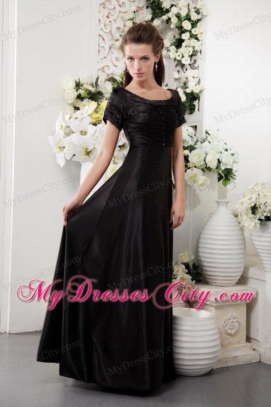 Scoop Taffeta Long Ruching Black Prom Dress with Short Sleeves