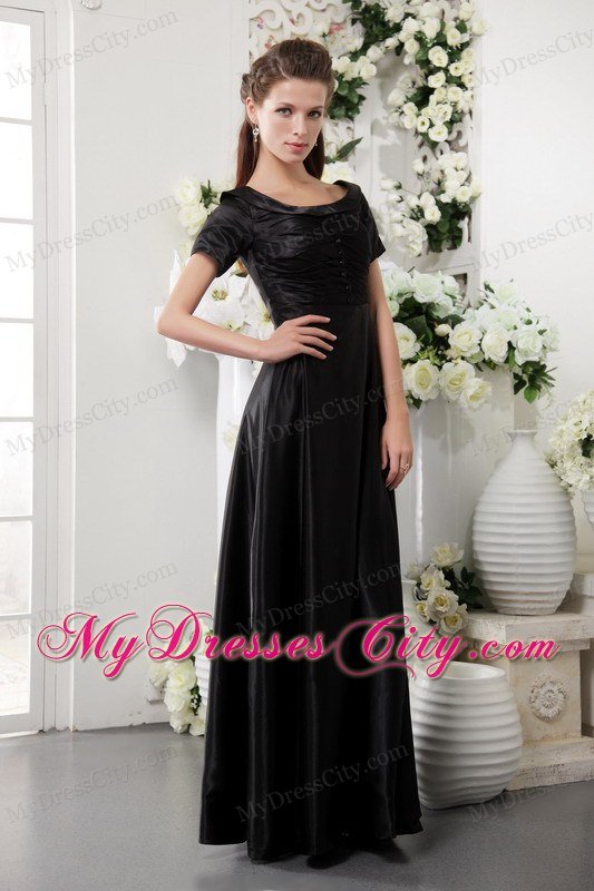 Scoop Taffeta Long Ruching Black Prom Dress with Short Sleeves