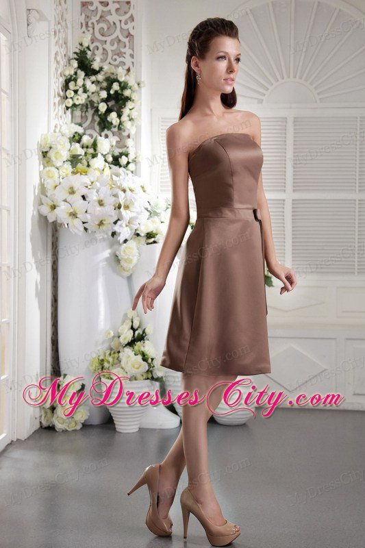 Knee-length Strapless Satin Bowknot Brown Short Prom Dress