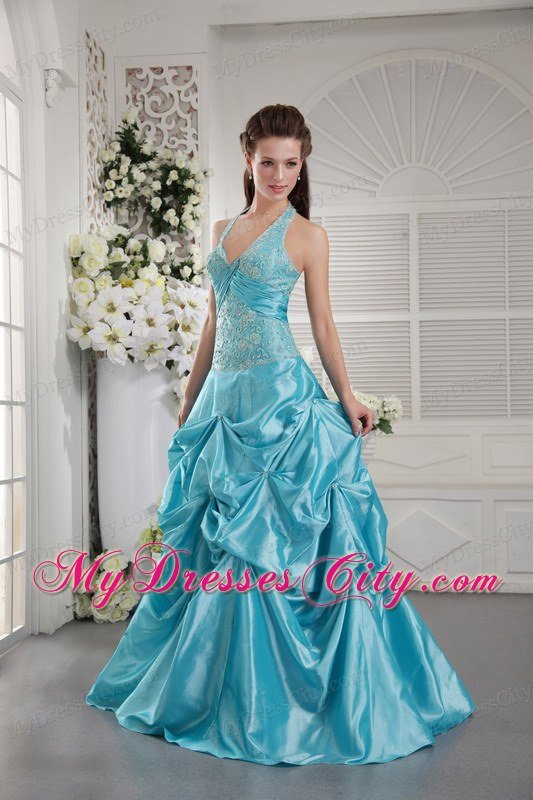 Princess Halter Taffeta Appliques Pick Ups Aqua Blue Prom Dresses