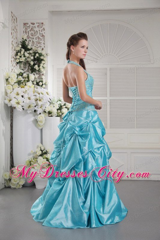 Princess Halter Taffeta Appliques Pick Ups Aqua Blue Prom Dresses