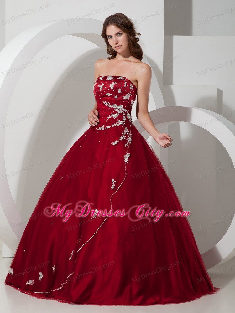 Satin and Tulle Appliques Strapless Wine Red Dresses For Sweet 15