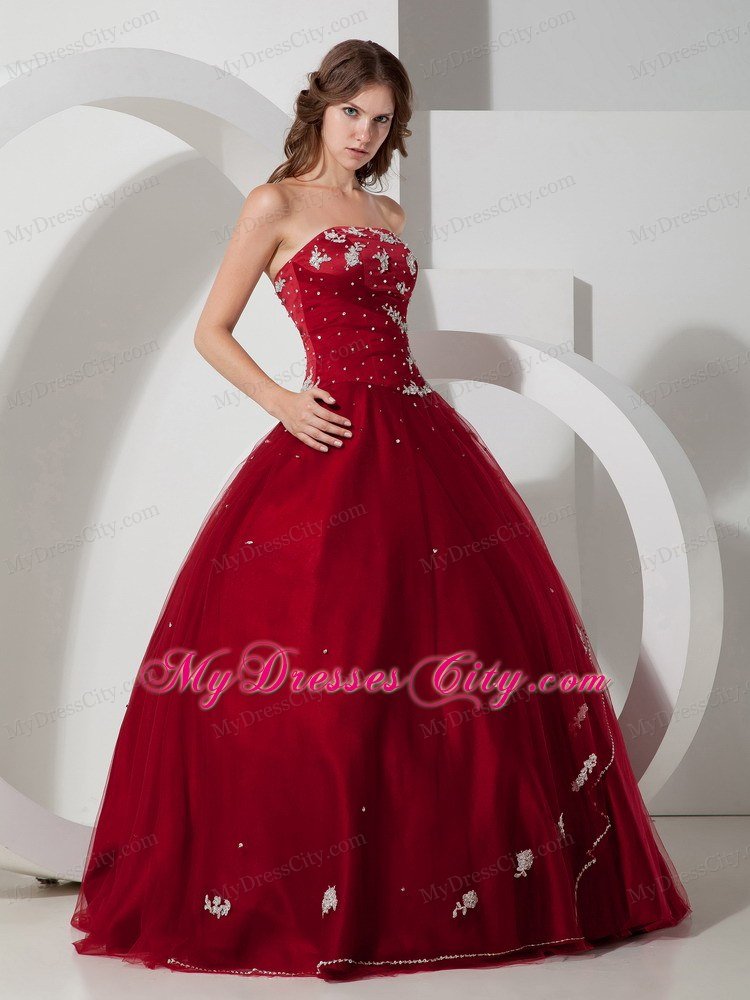 Satin and Tulle Appliques Strapless Wine Red Dresses For Sweet 15