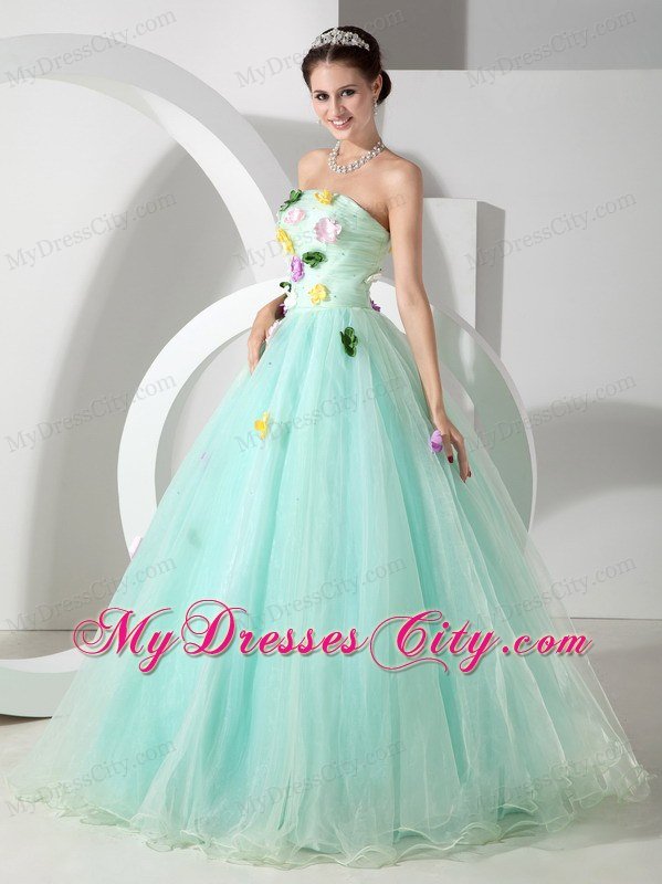 Organza A-line Strapless Colorful Petals Apple Green Sweet 15 Dresses