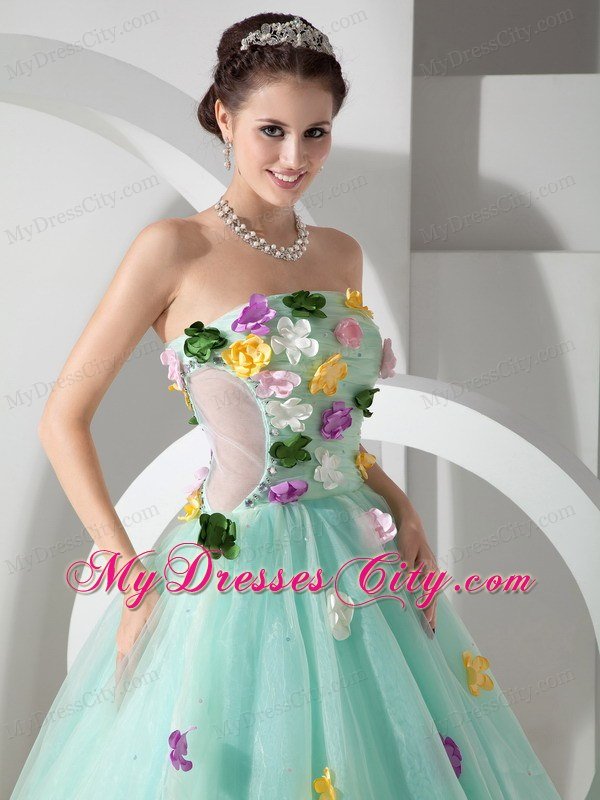 Organza A-line Strapless Colorful Petals Apple Green Sweet 15 Dresses