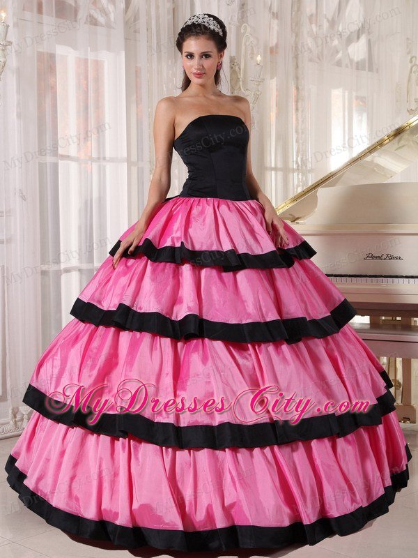Ruffled Layers Strapless Taffeta Rose Pink and Black Dresses For Sweet 16