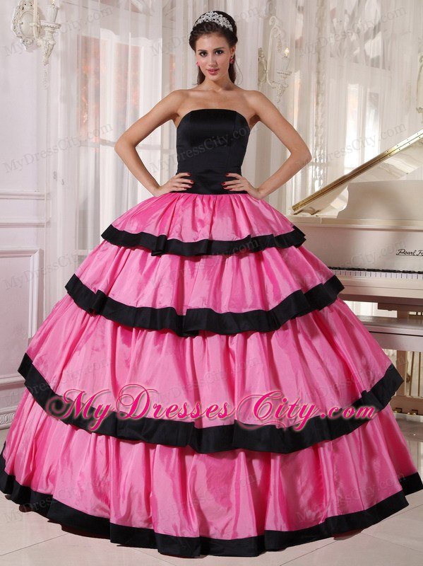 Ruffled Layers Strapless Taffeta Rose Pink and Black Dresses For Sweet 16