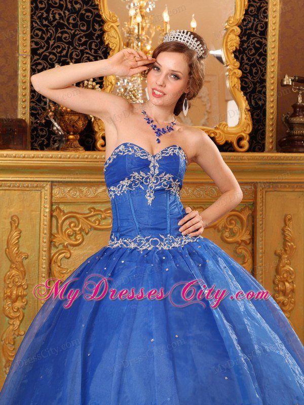 Sweetheart Appliques Organza Blue Quinceanera Gowns For Cheap