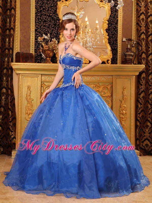 Sweetheart Appliques Organza Blue Quinceanera Gowns For Cheap