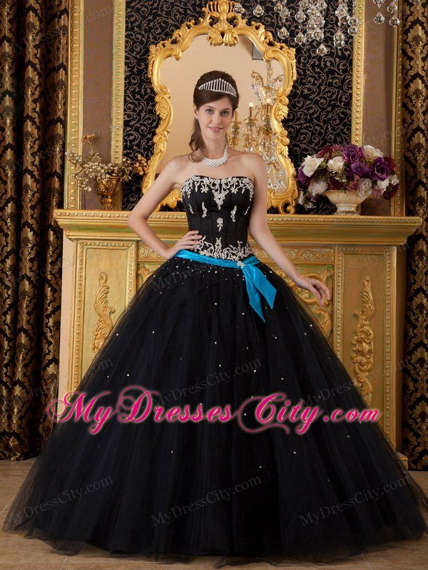 Strapless Appliques 2013 Black Quinceanera Dresses With Blue Sash
