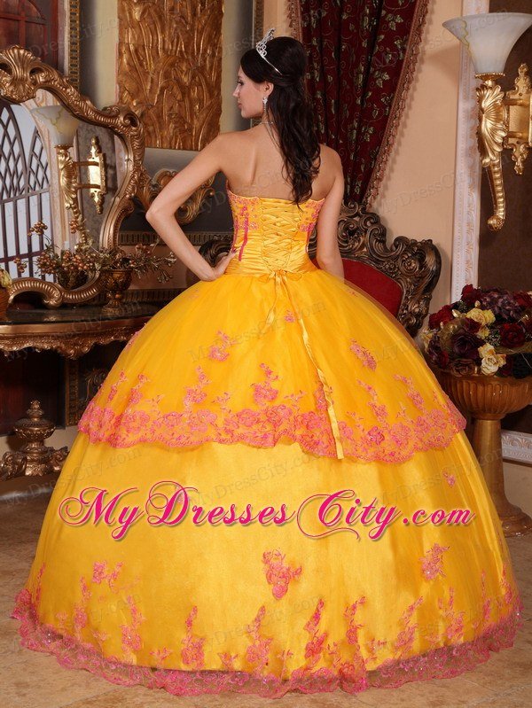 Yellow Strapless Lace Appliques Full Length Quinceanera Dress