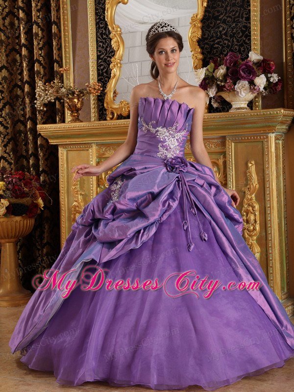 Strapless Taffeta and Organza Flowers Lavender Quinceanera Dress