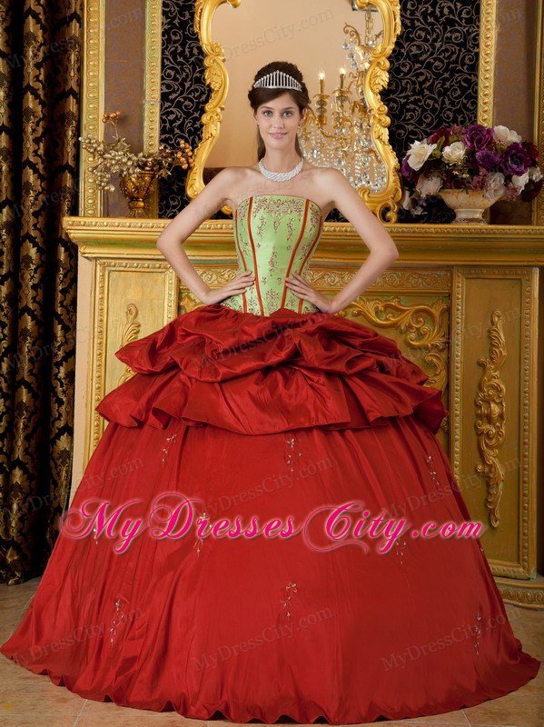 Red and Green Strapless Appliques Taffeta Quinceanera Dress