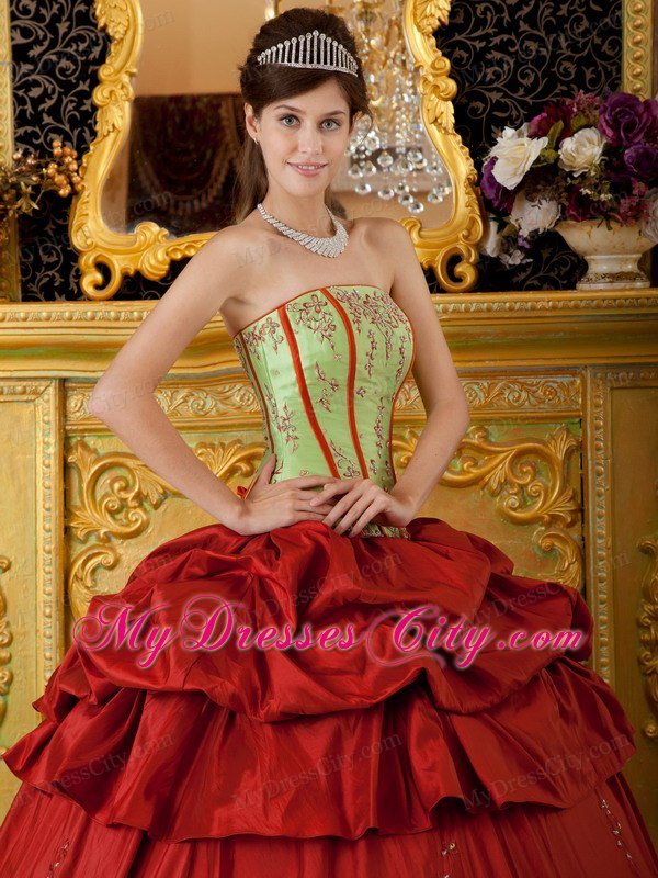 Red and Green Strapless Appliques Taffeta Quinceanera Dress