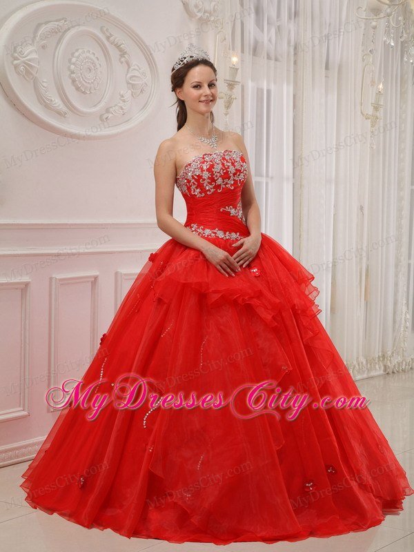 Strapless Organza Appliques 2013 Red Sweet Sixteen Dresses