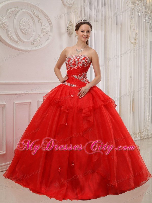 Strapless Organza Appliques 2013 Red Sweet Sixteen Dresses
