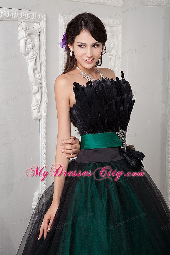 Elegant Strapless Tulle Beading and Feather Dress for Quince