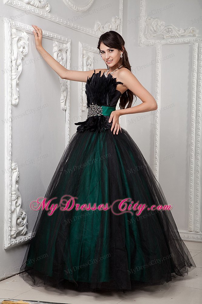Elegant Strapless Tulle Beading and Feather Dress for Quince