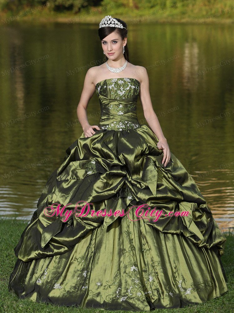 Strapless Taffeta Pick Ups Olive Green Quinceanera Dress With Beads