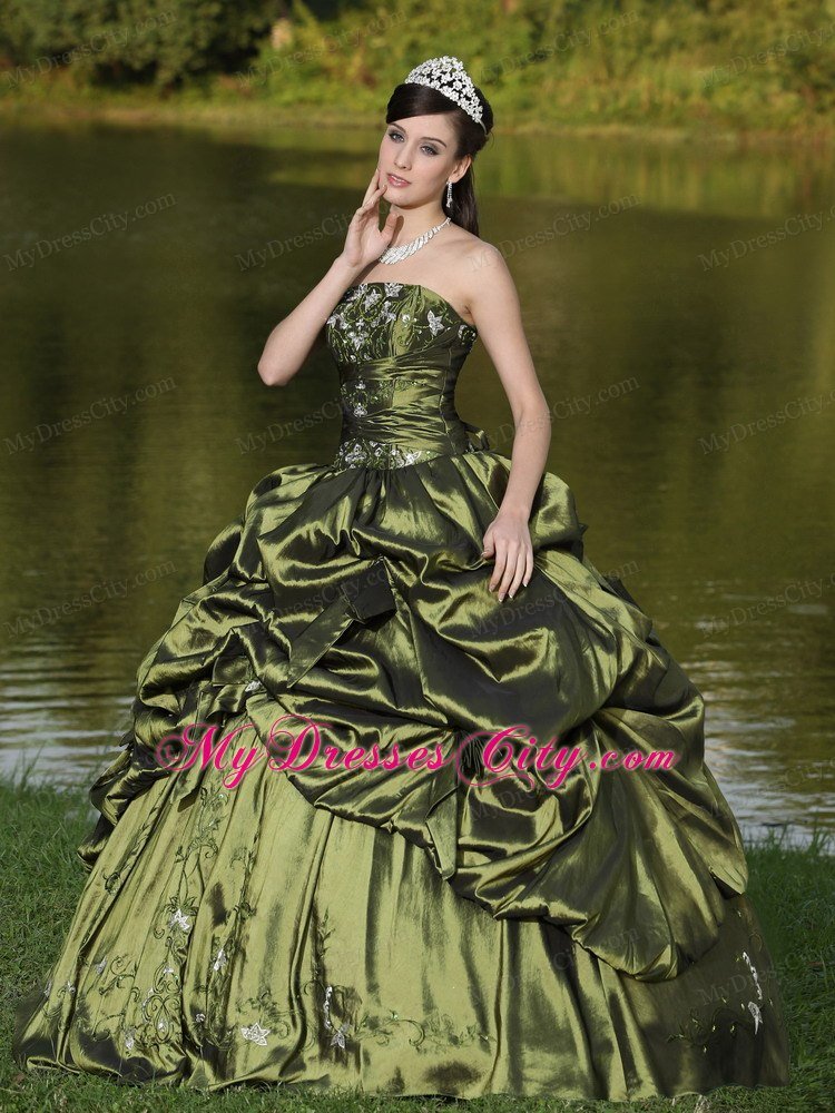Strapless Taffeta Pick Ups Olive Green Quinceanera Dress With Beads
