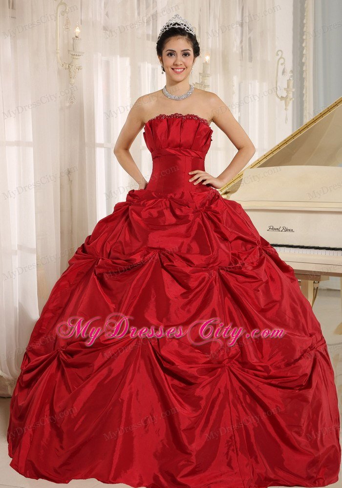 Strapless Taffeta Ruched Puffy Red Dress for Quinceanera