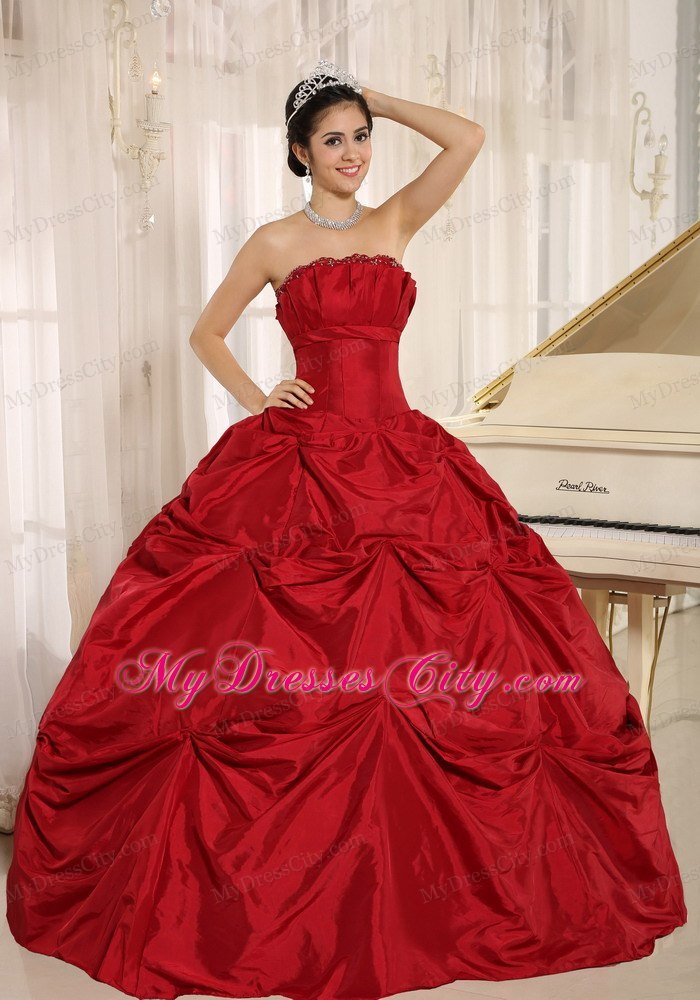 Strapless Taffeta Ruched Puffy Red Dress for Quinceanera