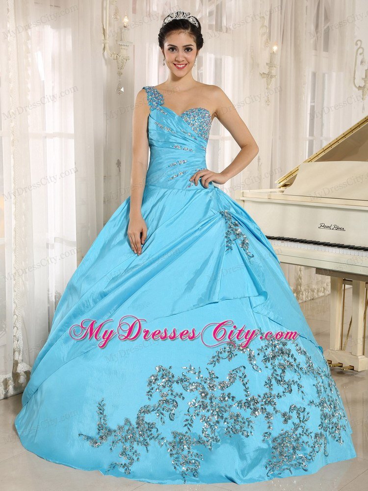 One Shoulder Appliques Beading Baby Blue Sweet Sixteen Dresses
