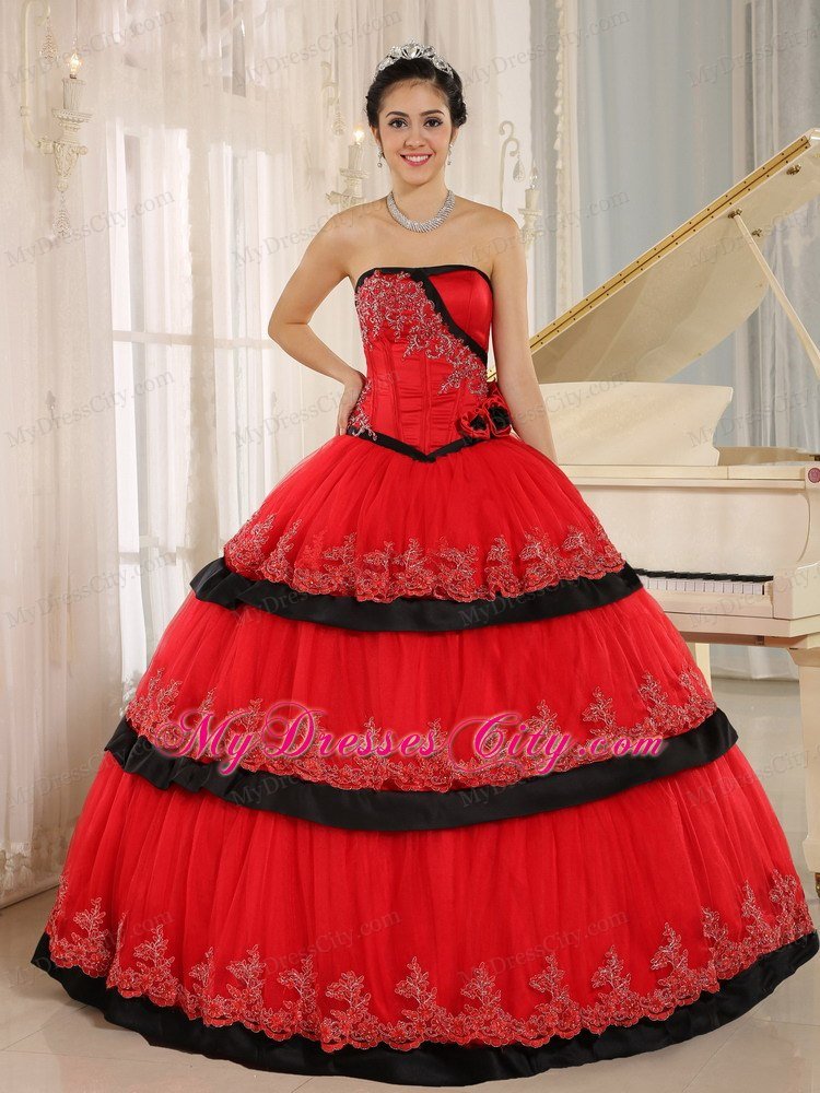 Strapless Handmade Flowers Red Quinceanera Gown with Appliques