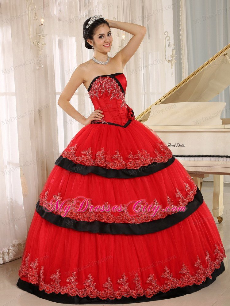 Strapless Handmade Flowers Red Quinceanera Gown with Appliques